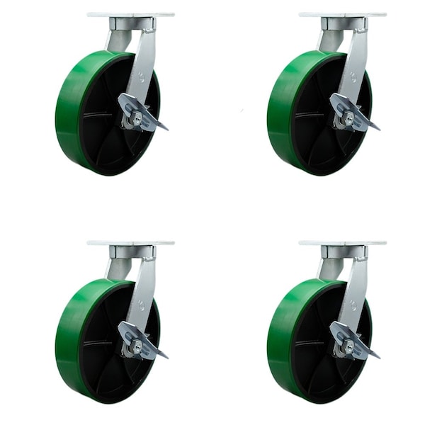 Service Caster 12'' Heavy Duty Green Poly on Cast Iron Caster Set with Brake and Swivel Lock, 4PK CRAN-SCC-KP92S1230-PUR-GB-SLB-BSL-4 - main